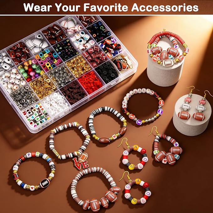 1800+PCS Football Beads Jewelry Making Kit – Acrylic & Polymer Clay Sports Charms, Heishi & Spacer Beads, Letter/Number Beads – DIY Football Bracelets, Necklaces, Keychains, Lanyards Sport Fan Crafts