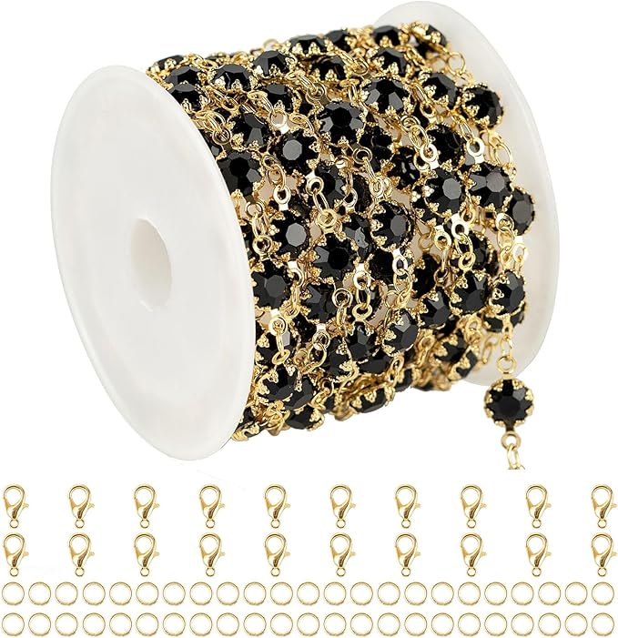 UMAOKANG 3 Meters Black Crystal Chain for Jewelry Making 18K Gold Plated Brass Chains Bulk Women Necklace Bracelet DIY Jewelry Supplies