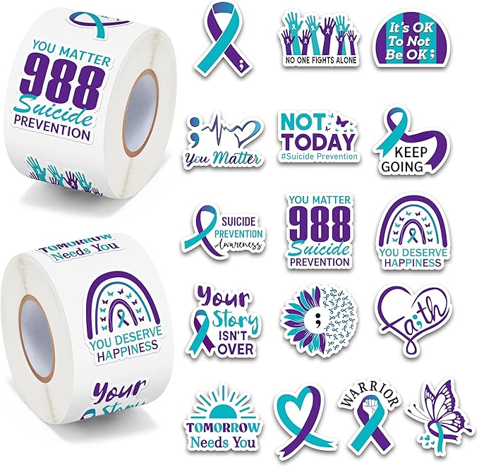 beyumi suicide awareness roll stickers - 1000pcs teal purple ribbon stickers in 2 rolls waterproof vinyl suicide prevention awareness decals campaigns laptop bottle notebook luggage decor kids teens