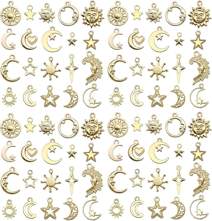 WOCRAFT 60pcs KC Gold Sun Moon Star Charms Bracelet Charms for Jewelry Making Sets DIY Necklace Bracelet Keychain Crafting Charms Kit Craft Supplies (SN836)
