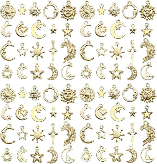 WOCRAFT 60pcs KC Gold Sun Moon Star Charms Bracelet Charms for Jewelry Making Sets DIY Necklace Bracelet Keychain Crafting Charms Kit Craft Supplies (SN836)