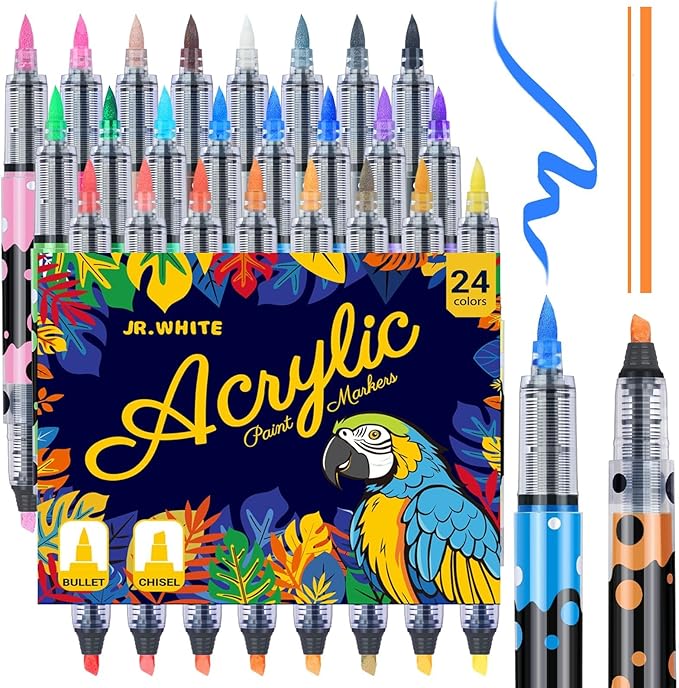 jr.white 24 colors acrylic paint markers– dual brush & chisel tip with auto flow, ideal christmas gifts for family water-based markers, vivid opaque colors for diy crafts, rock, wood, canvas, glass