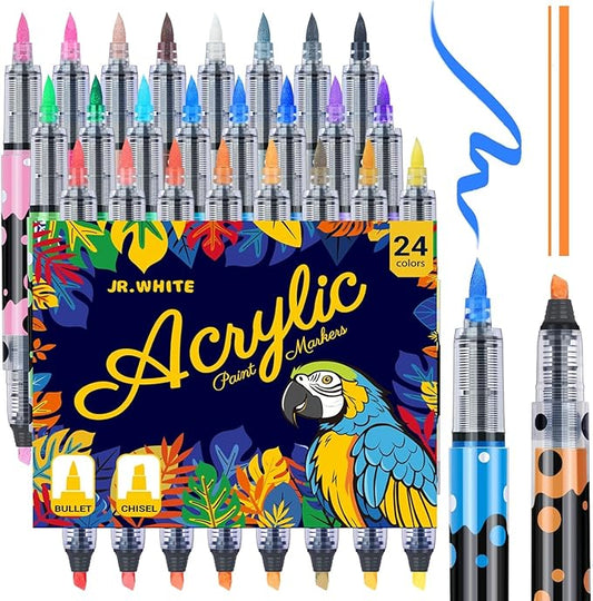 jr.white 24 colors acrylic paint markers– dual brush & chisel tip with auto flow, ideal christmas gifts for family water-based markers, vivid opaque colors for diy crafts, rock, wood, canvas, glass