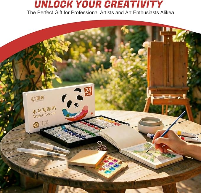 GXJF 24 Colors Portable Watercolor Travel Set, Magnetic Folding Wooden Palette with Refillable Water Brushes & Cotton Sketchbook, Non-Toxic Watercolor Kit for Beginners, Artists & Kids, Ideal for Outdoor Sketching & Travel Painting