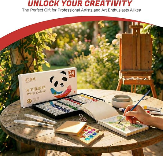GXJF 24 Colors Portable Watercolor Travel Set, Magnetic Folding Wooden Palette with Refillable Water Brushes & Cotton Sketchbook, Non-Toxic Watercolor Kit for Beginners, Artists & Kids, Ideal for Outdoor Sketching & Travel Painting