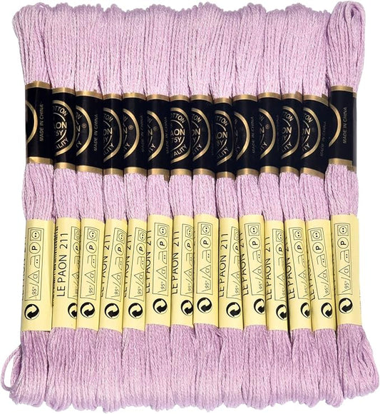 LE PAON Embroidery Floss, 14-Pack Six Strands 100% Long Staple Cotton Embroidery Thread, 8.7-Yard，Color Number：211, Light Lavender