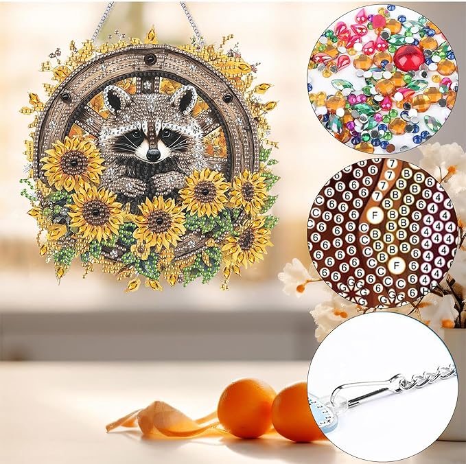 Bimkole Raccoon Diamond Art Hanging Kit for Adult, DIY 5D Sunflowers Diamond Art Painting Window Pendant, Acrylic Crystal Art Hanging Ornament for Wall Home Garden Front Door Decor - 7.8x7.8 Inch