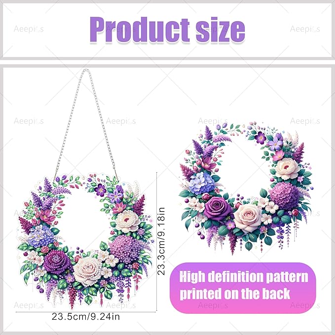 Aeepics Hanging Diamond Art Kit for Adult, DIY Diamonds Painting Pendant Ornament Kit, Acrylic Diamond Art Painting Board Kit (Purple Flower Wreath)
