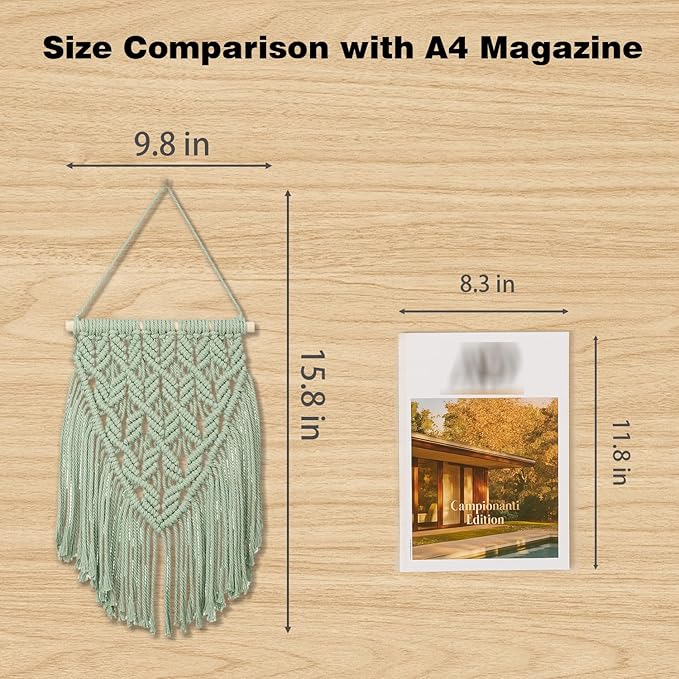 small macrame wall hanging decor boho tapestry for bedroom living room dorm nursery and office, cute aesthetic wall art for small spaces for teen girls and home decor (light green, 16*10 inch)