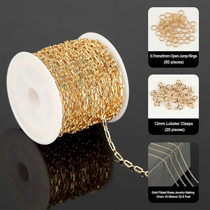 YOUBEIYEE 32.8 Feet 18K Gold Plated Jewelry Chain Paperclip Necklace Chains Bulk for Women Bracelet DIY Craft Chain Roll Jewelry Supplies Findings