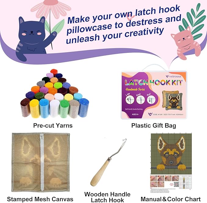 German Shepherd Puppy Latch Hook Kits for Adults Kids, Beginners DIY Throw Pillow Kit Pre-printed Pillowcase Hook and Latch Rug Kits Cross-stitch Cushion Cover for Home Sofa Decoration 17x17 inch