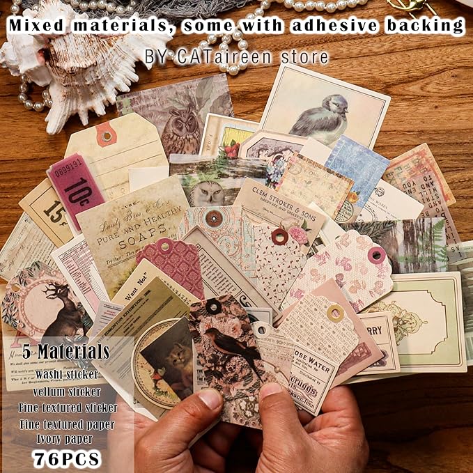 CATaireen Vintage Junk-Journal Mixed Paper Scrapbooking Embellishments Set Retro Journaling Decoupage Stickers Textured Packaging Decorative Cards Tags Kit (Old Photos 4)