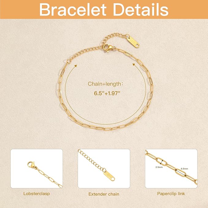 Swyabi 10 PCS Stainless Steel Bracelet Chains for Jewelry Making 6.5Inch Gold Plated Paperclip Chain Bulk with Extender