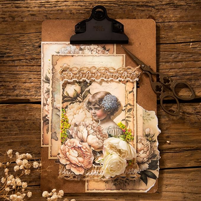 180Pcs Vintage Flower Scrapbook Paper, Ephemera Pack for Journaling and Junk Journal Supplies, Scrapbooking Kit with Glue Tape