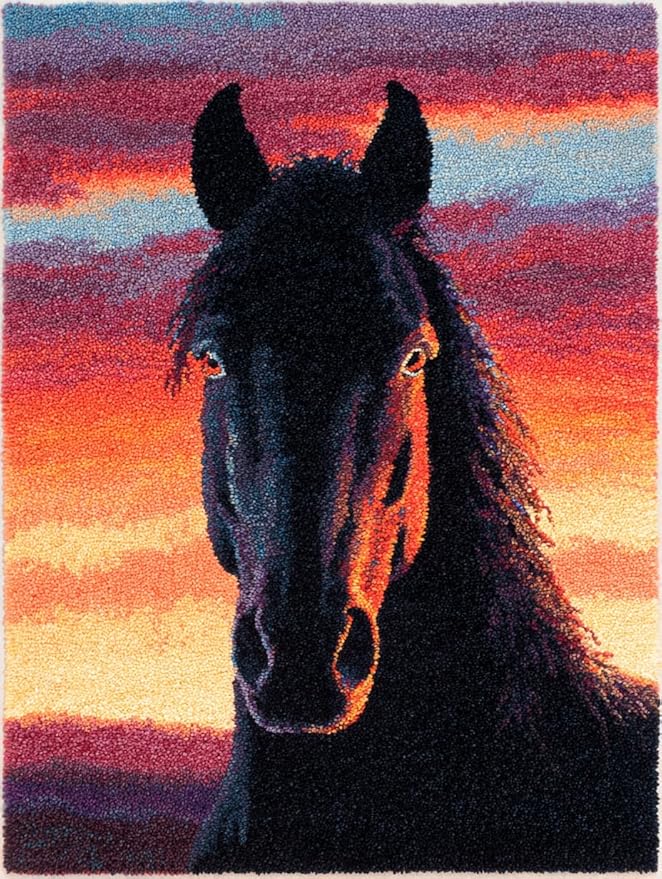 DIY Latch Hook Rug Kit Black Horse Portrait and Sunset Easy for Beginners Crochet Yarn Hook and Latch Tapestry Mat Cushion Craft Set for Home Decor 38x52cm-3