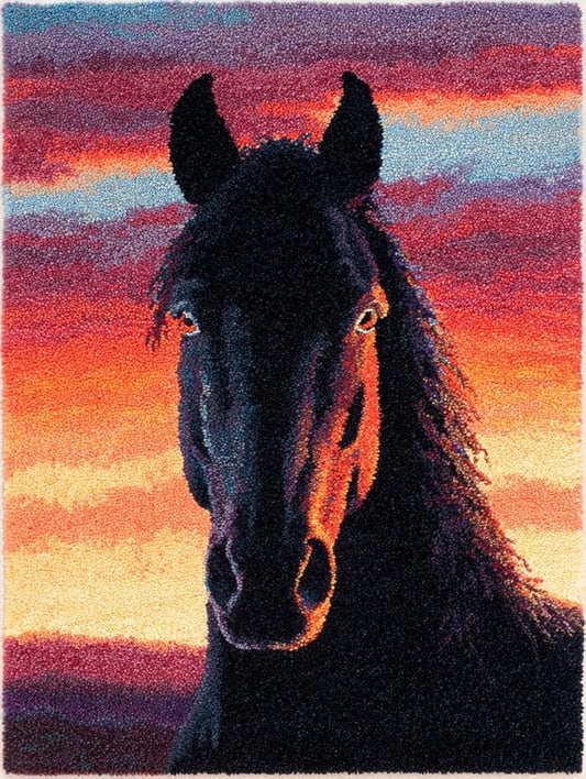 DIY Latch Hook Rug Kit Black Horse Portrait and Sunset Easy for Beginners Crochet Yarn Hook and Latch Tapestry Mat Cushion Craft Set for Home Decor 38x52cm-3