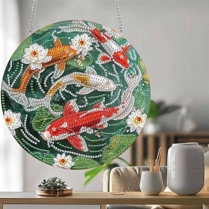 Bimkole Koi Diamond Art Hanging Kit for Adult, DIY 5D Diamond Art Goldfish Window Pendant, Acrylic Crystal Art Hanging Ornament Home Wall Garden Front Door Sign Outdoor Decor 7.8x7.8 Inch