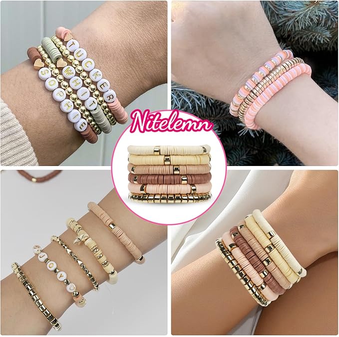 2370pcs Clay Beads for Bracelets Making, 6 Color Coffee Heishi Beads Polymer Clay Beads for Jewelry Making Supplies Charm, Friendship Bracelet Making Kit for Girl Women Adults (Neutral)