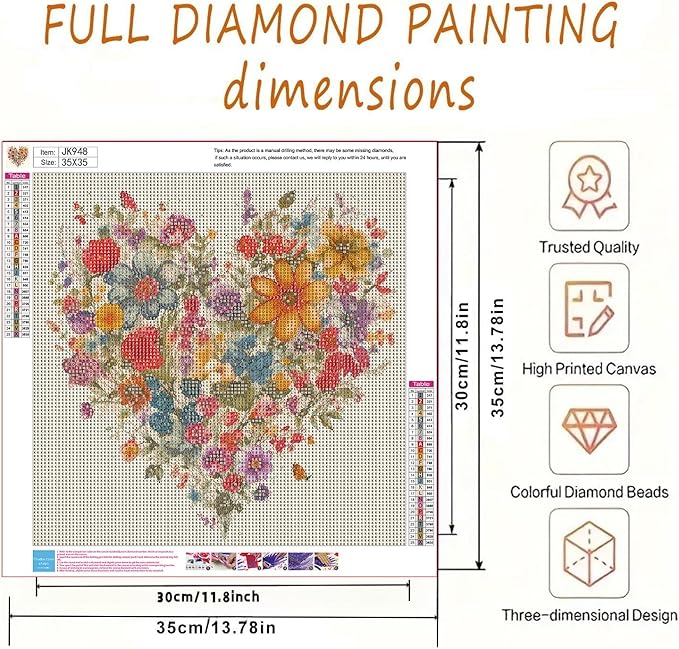 BYGFHLYW 5D Diamond Painting Kits for Adults, Heart Flower Diamond Art Kits for Adults Beginner, DIY Full Drill Diamond Dot Gem Painting for Home Wall Decor 13.78x13.78inch
