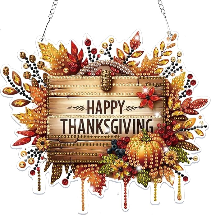 Bowetile Happy Thanksgiving Diamond Art Hanging Kits for Adults, Fall Diamond Art Suncatchers, 5D Special Shape Diamond Painting Pendant Window Ornament Gifts for Home Garden Door Wall Decor