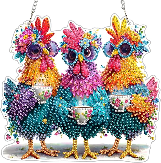 NEWENMO Diamond Art Hanging Kit for Adult, Funny Chicken, DIY Double Sided Acrylic Special Shaped Diamond Art Painting Window Pendant Cute Rooster, Home Garden Wall Hanging Ornament Kits