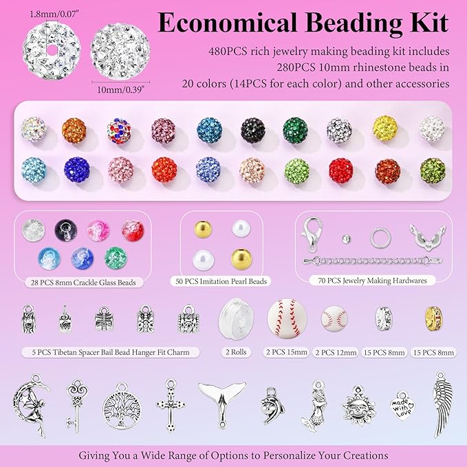 Dowarm 480PCS 10mm Rhinestone Beads Kit for Jewelry Making Baseball Necklace Friendship Bracelet, Round Disco Ball Rhinestone Clay Beading Set with Crackle Spacer Beads Charms for DIY Crafting