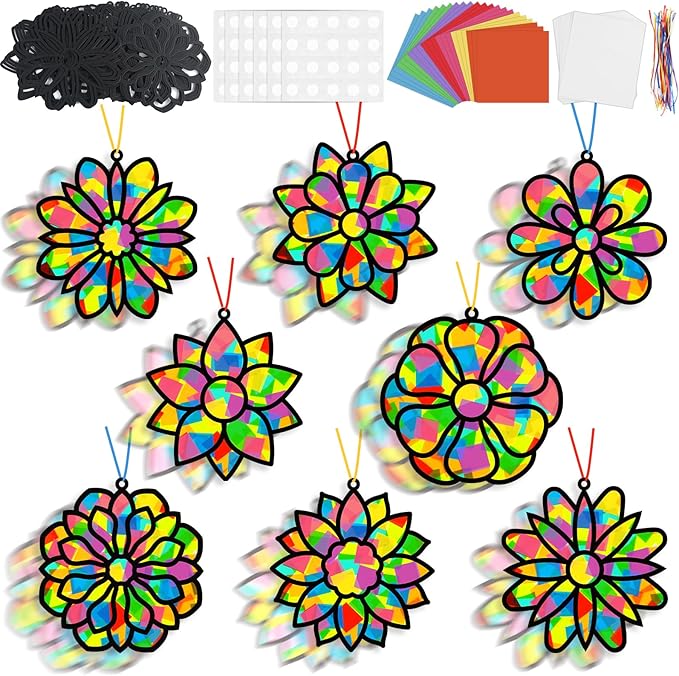 Lonfliness 32 Sets Spring Lotus Suncatchers Craft Kit DIY Window Stained Glass Effect Colorful Lotus Paper Crafts Home School Classroom Decoration Birthday Gift Creative Art Project & Activity Game