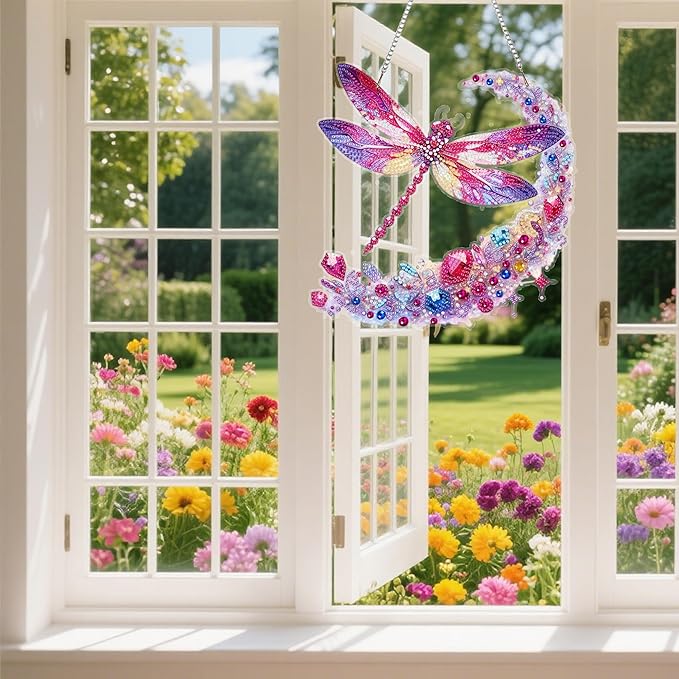 Ristpal Diamond Art Hanging Kits for Adult, Special Shaped Rhinestone, DIY Acrylic Diamond Art Painting Window Pendants Home Garden Wall Hanging Kits for Home Decor and Gifts (Dragonflies)