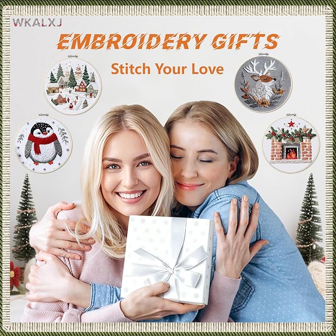 wkalxj 4 sets embroidery kits for beginners adults, cross stitch kits, needlepoint kits with instruction, video, needle point kits with resort penguin fireplace elk patterns (4 sets d)