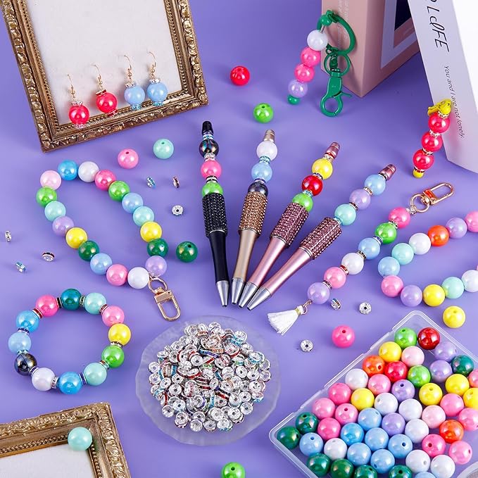 320 PCS Beads for Pens, 14 mm Focal Beads & 8 mm Rhinestone Spacers Bead, Fit for Beadable Pens Bracelets Keychains Jewelry Making, Rainbow Acrylic Bead, Christmas Gifts