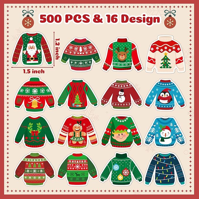 beyumi christmas sweater shaped sticker - 1000pcs christmas sweaters stickers in 2 rolls winter adhesive cute funny wintertime pullover sweater decal holiday party favor tag gift bottle decor for kids