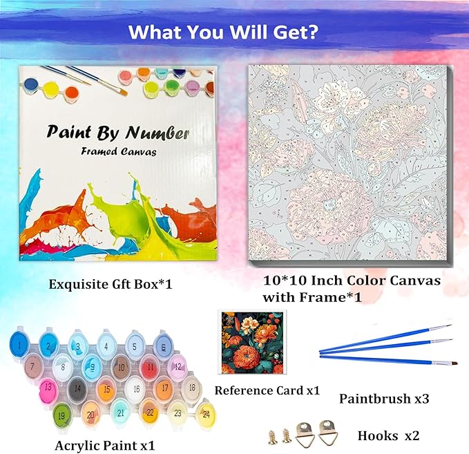JUJUHOOD Tropical Flowers Framed Paint by Numbers Kit for Adults Beginner & Kids Ages 8-12,Red Flower Paint by Number Without Easel, Acylic Paint by Numbers for Gift Home Wall Decor (10x10Inch)