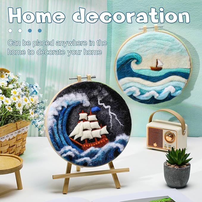 QMNNMA Needle Felting Kits, Wool Felting Kit with Picture Frame, Foam Pad, Felt Cloth, and Instructions, Needle Felt Painting Kit for Home Decoration (Sea Waves and Sailboats)