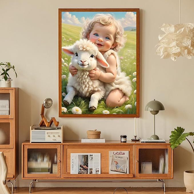 Fountor Sheep Diamond Art Kits for Adults, Cute Girl Diamond Painting Kits for Adults Beginners, DIY 5D Animal Diamond Painting with Round Gem Art Kits for Gift Home Wall Decor 12x16 Inch