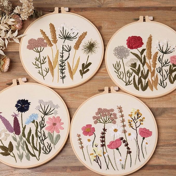 reewisly embroidery kit for beginners 4 sets, hand diy cross stitch kits,2 pcs embroidery hoop,4 pcs plants flowers embroidery patterns and threads,easy for the embroidery beginners to learn…