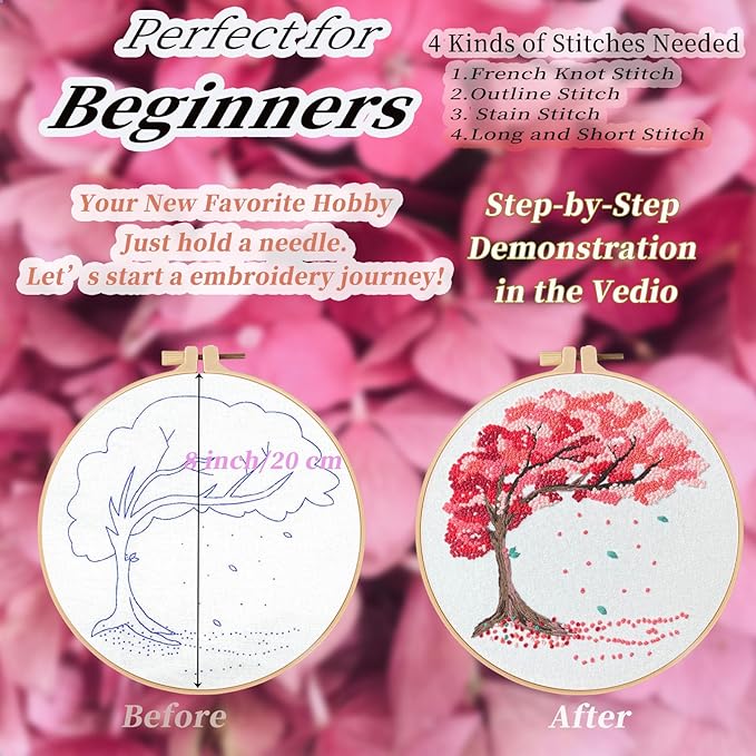 FONNUY Crewel Embroidery Kit for Beginners, Seasonal Tree Pre-Stamped Pattern Kits for Adults with Hoop, Easy to Follow Color Thread Needlework, 8'' (Pink)