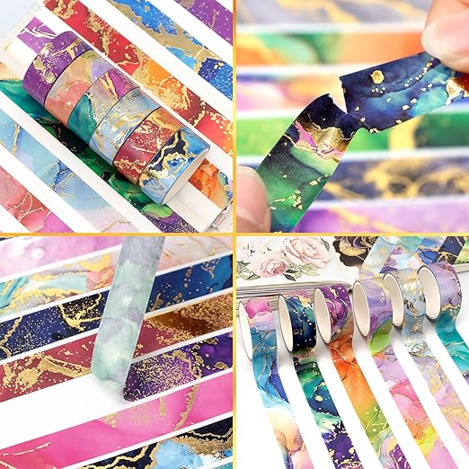 Gold Washi Tape Set - 24 Rolls Metallic Foil Marbling Washi Tape, Decorative Washi Tapes for Junk Journal Supplies, Bullet Journal Supplies, DIY Crafts, Scrapbooking, School Supplies