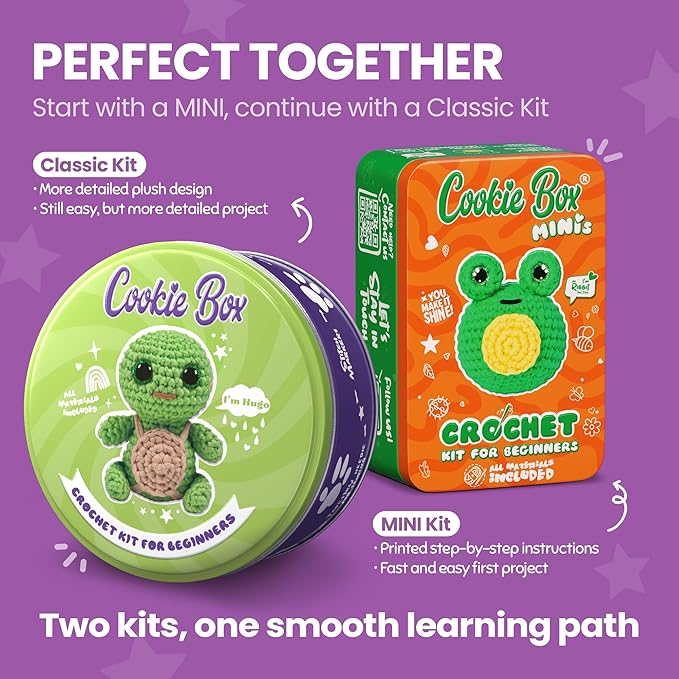 Cookie Box Original Crochet Kit for Beginners – Gift Set to Make Turtle Hugo Amigurumi Plushie – Easy DIY Crochet & Knitting Starter Kit with Video and PDF Tutorials