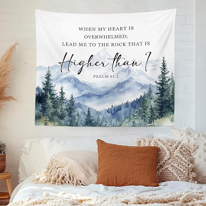 MNASAIOO Christian Mountian Woods Wall Tapestry Hanging for Bedroom, Bible Verse Scripture Psalm 61:2 Tapestry, Watercolor Religious Tapestries Wall Decor for Living Room Prayer Room Church 50x60in