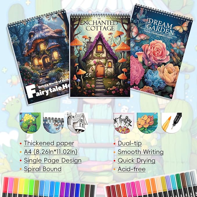 3Pcs Adult Coloring Book for Women Relaxation, 36 Colors Markers with Spiral Bound Adult Coloring Book for Women, 36 Dual Tip Colors Markers, Anxiety Relief Mindfulness Gifts(Cottage & Garden & House)