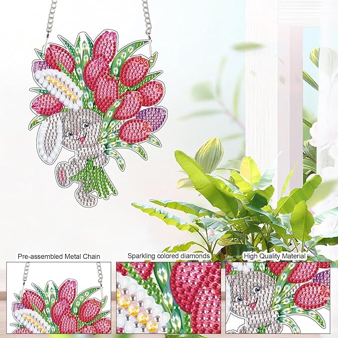 Tontut Easter Diamond Painting Wall Hanging, Bunny Flower Special Shape Diamond Painting Kits, Acrylic Crafted Diamond Art for Home Wall Garden Decoration