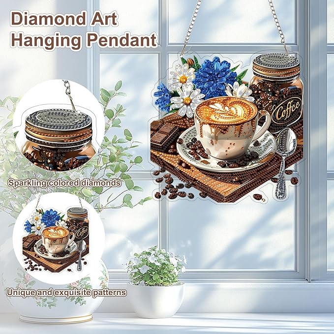 TOSTOG Cappuccino Sign Diamond Art Pendant Kits for Adult, Blue Diamond Painting Hanging Kit for Beginners, 5D DIY Crafts Gem Art, Waterproof Full Accessories for Home Decor Idea 20 * 20 cm/8 * 8 in