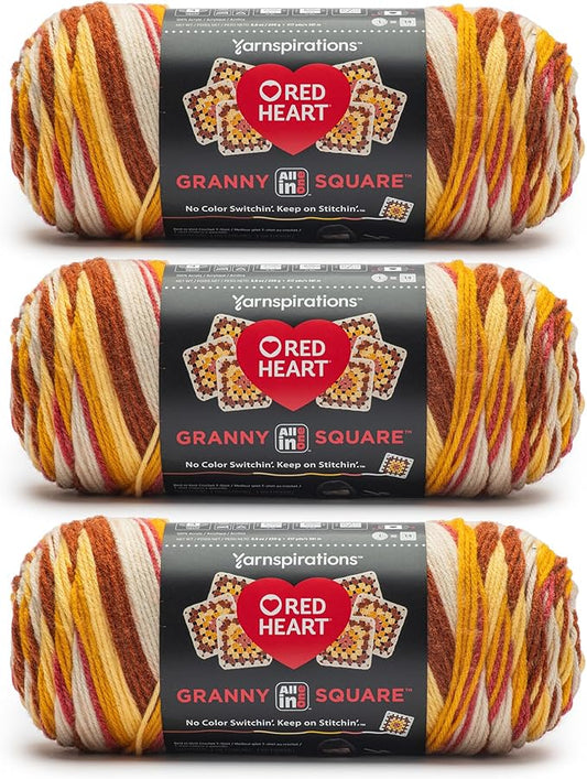 Red Heart All in One Granny Square Aran - Warm Wheat Yarn - 3 Pack of 250g/8.8oz - 100% Acrylic - #4 Worsted (Medium) - 381m/417Yards - for Knitting, Crochet and Amigurumi