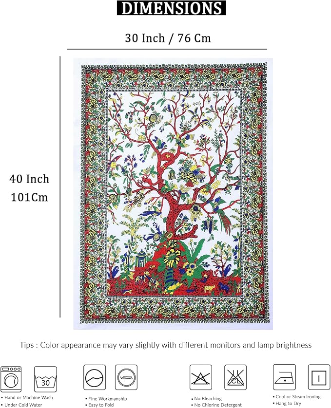 the art box tapestry white tree of life wall hanging – indian cotton poster, small picnic sheet, wall decor, blanket, wall art for bedroom (30x40 inch)