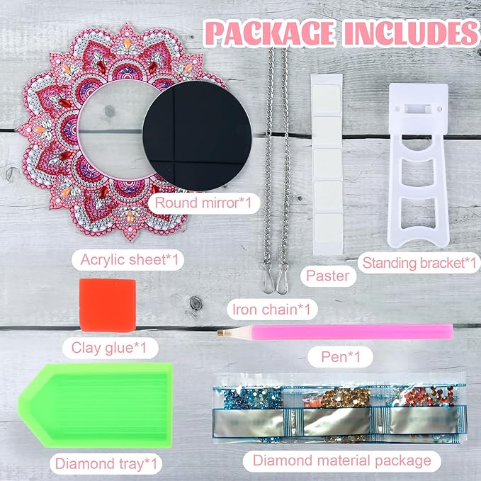 DIY Diamond Painting Mirror for Adults DIY Special Shaped Crystal Diamond Painting Kit Mirror Makeup Mirror Christmas Halloween Birthday Gifts Art Crafts Home Decor (Pink)