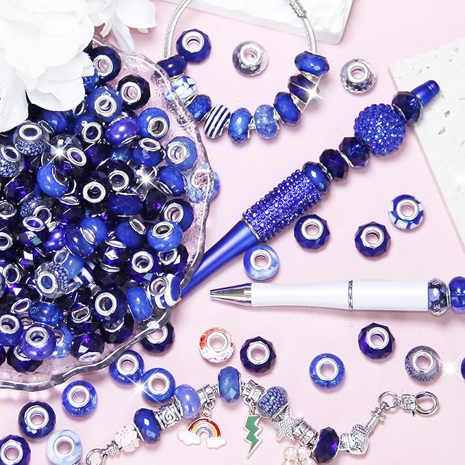 200Pcs Large Hole Beads Spacer Beads Dark Blue Assorted European Craft Big Beads Large Hole Lampwork Murano Bead Fairy Wand Garden Bead for DIY Charm Bracelet Jewelry Making Decoration Supplies