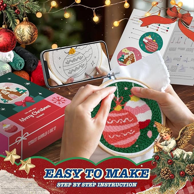 yuegool 2PCS Christmas Punch Needle Decoration Kit, Easy DIY Punch Needle Embroidery Kit for Beginners & Adults Including Patterns, Tools, Yarns, Hoop, Instruction, Bracket Art Craft Supplies
