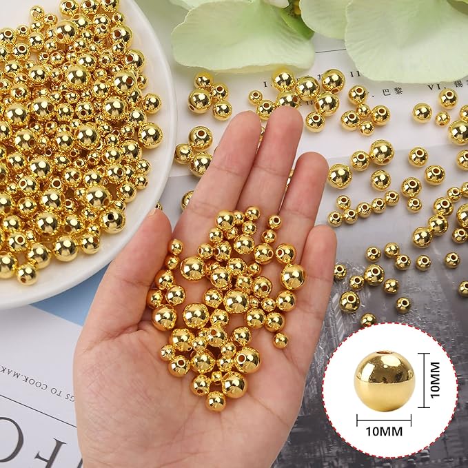 bonny boxx quality glossy abs imitation pearl beads with hole 6/8/10mm round plastic acrylic spacer bead for diy craft jewelry making supplies (gold, 10mm, 200pcs)