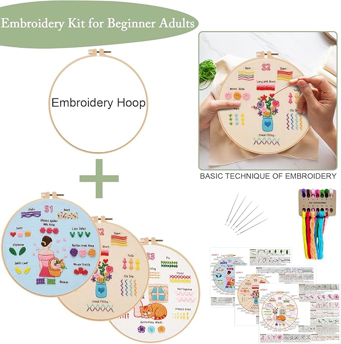 Nuberlic 3 Pack Embroidery Kit for Adults Beginners - Learn 28 Stitches Practice Samplers Starter Cross Stitch Kit DIY Needlepoint with Hoop, Color Threads, Needles and Step-by-Step Instructions