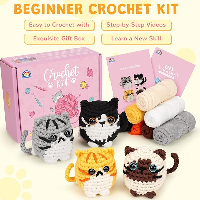 Crochet Kit for Beginners, 4-Pack Adorable Cat Crochet Kits, Beginner Crochet Kit for Adults Kid, Crochet Animal Kit for Starter w/ Step-by-Step Video Tutorials, Crochet Gifts for Cat Lovers
